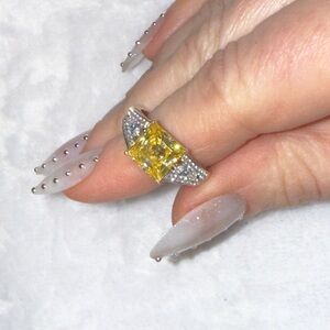 Sterling Silver Princess Cut Yellow Gemstone CZ Halo Ring Size 8 1/2